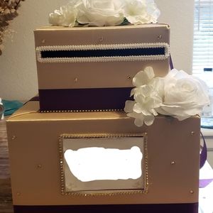 Two Tier Champagne Gift Card Box with Plum Ribbon with White Flowers.